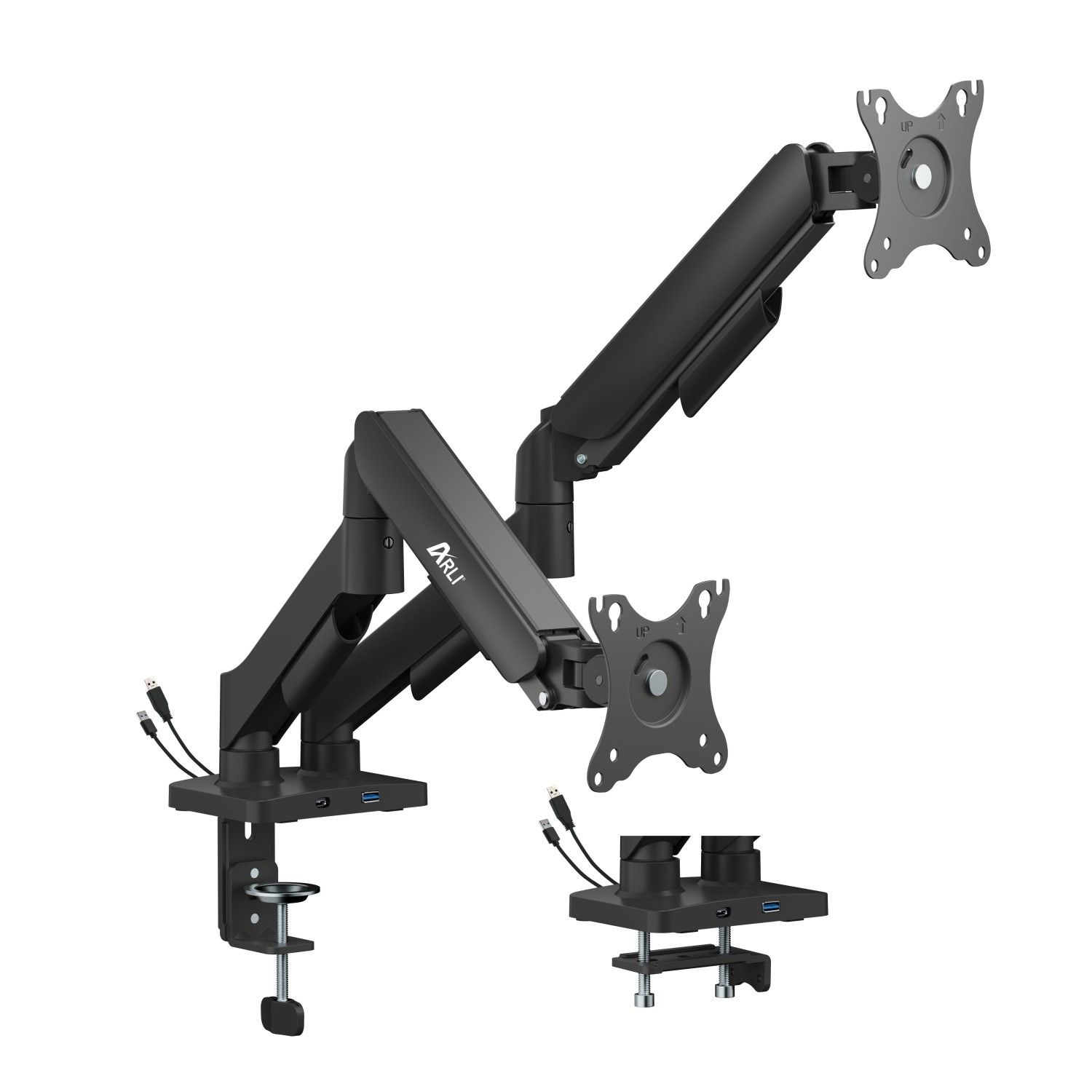 Schwarzer Doppelmonitorarm mit USB-Anschluss, Klemmfuß und separater Basis.
