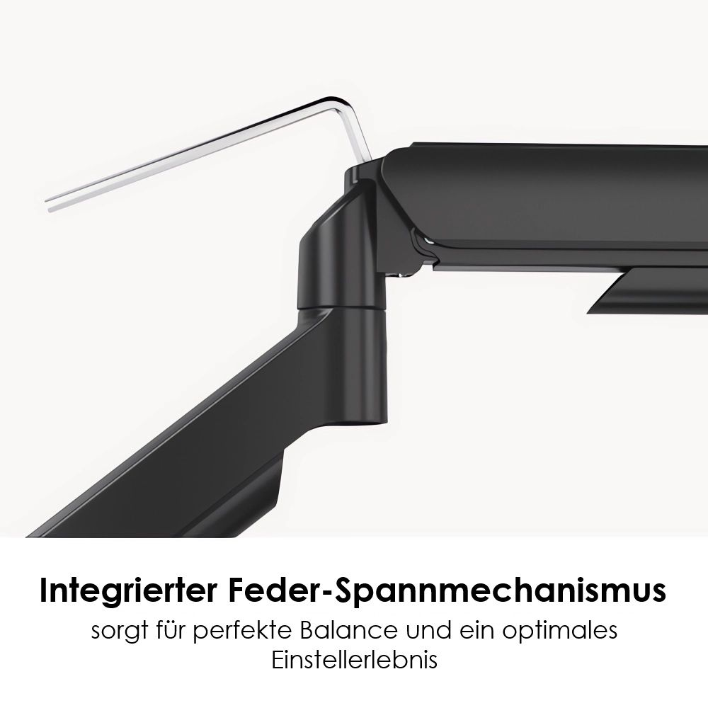 Nahaufnahme eines schwarzen mechanischen Arms mit Inbusschlüssel, der eine Schraube einstellt. Heller Hintergrund.