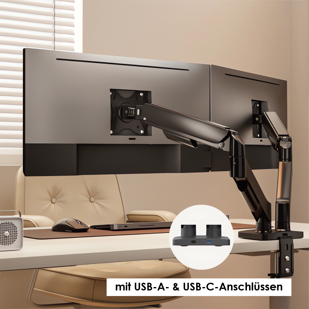 Zwei Monitore an einem schwarzen Arm über einem Schreibtisch mit einer Dockingstation.