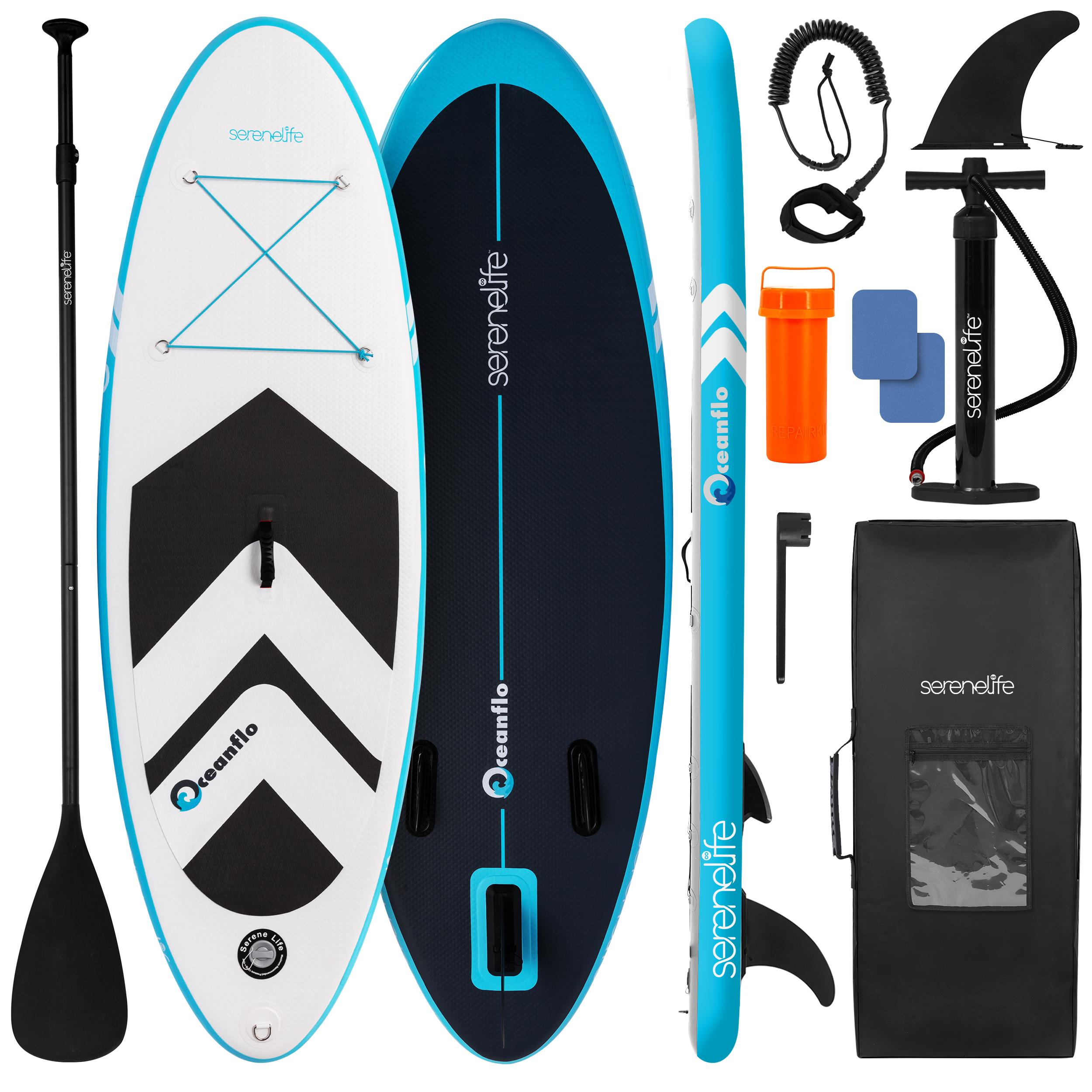 Weißes und blaues Stand-Up-Paddleboard-Set mit Paddel, Pumpe, Finne, Leine und Tasche.