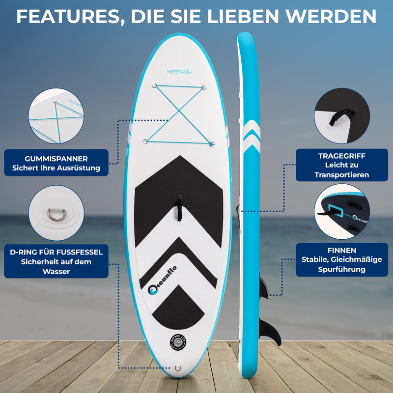 Aufblasbares Stand-Up-Paddleboard mit Tragegriff, Gummispanner, D-Ring und Finnen.