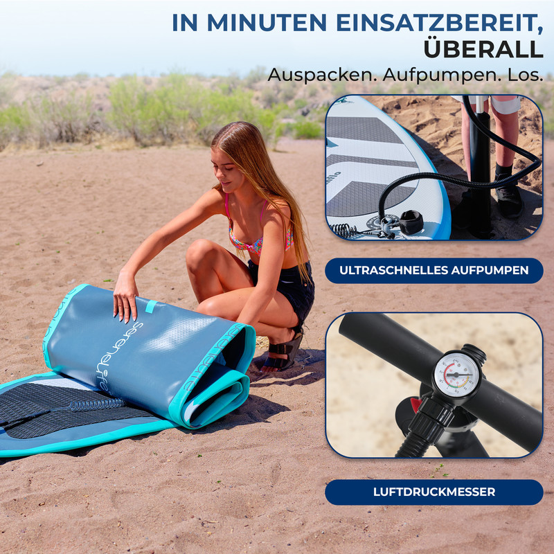 Junge Frau faltet aufblasbares SUP auf Sand, Pumpe und Manometer im Bild.