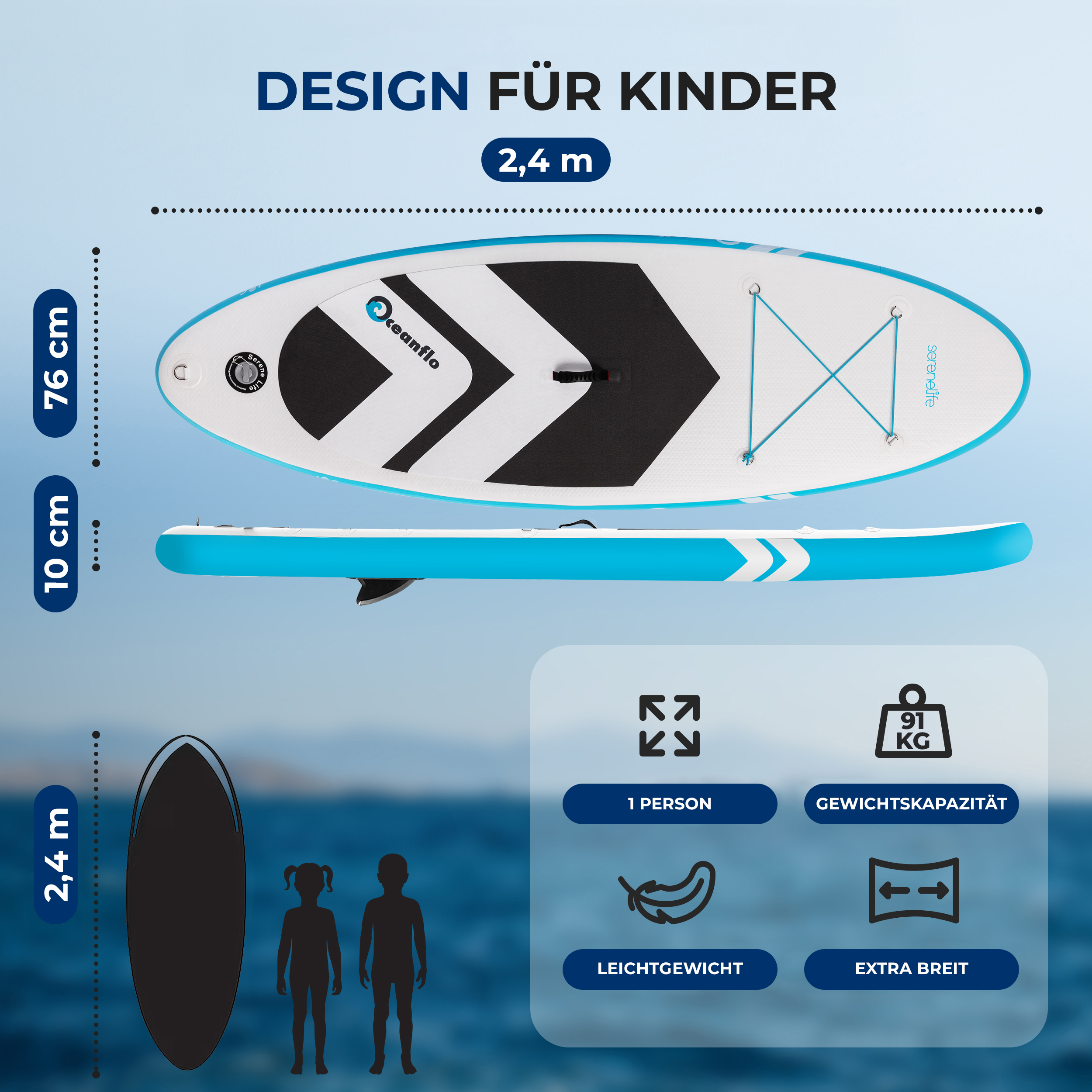 Ein aufblasbares SUP für Kinder, 2,4m lang, 76cm breit, 10cm dick. Max 91kg.
