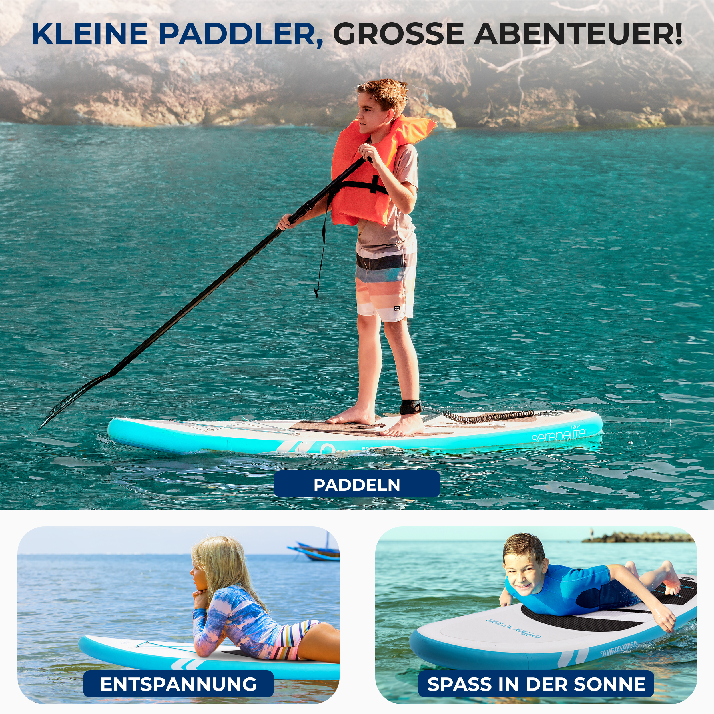 Jungen auf SUPs: Einer paddelt, einer entspannt, einer lacht in der Sonne.