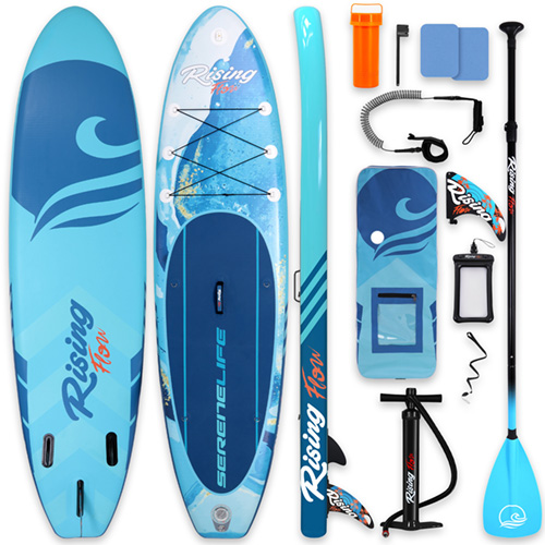 Stand-Up-Paddleboard-Set mit Paddel, Pumpe, Leine und Tasche in Blau.