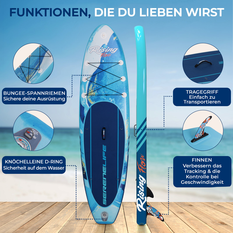 Aufblasbares SUP-Board mit blauen und weißen Mustern, detaillierten Funktionen.