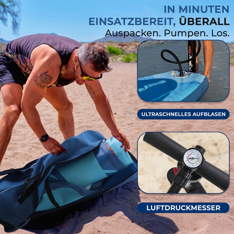 Mann packt SUP-Ausrüstung aus, pumpt sie auf und zeigt Luftdruckmesser.