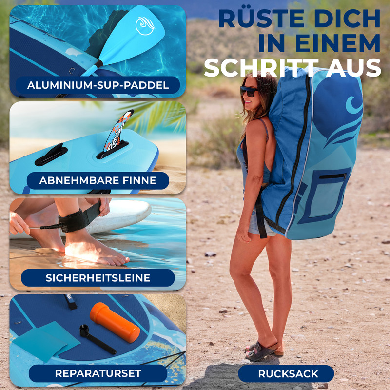 Ein Mann trägt einen blauen Rucksack mit einem Paddelbootzubehör.