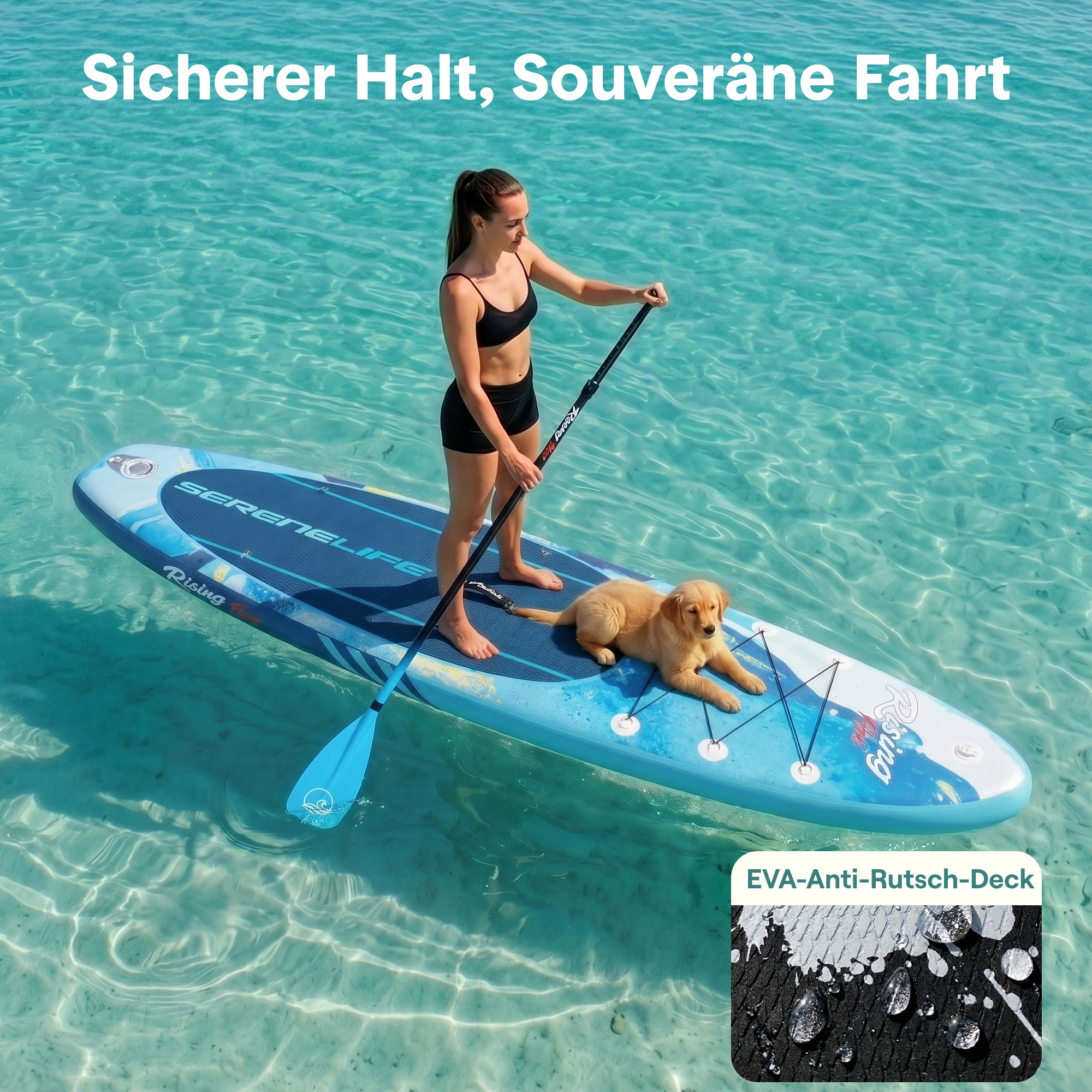 Frau und Hund auf SUP-Brett im türkisfarbenen Wasser.