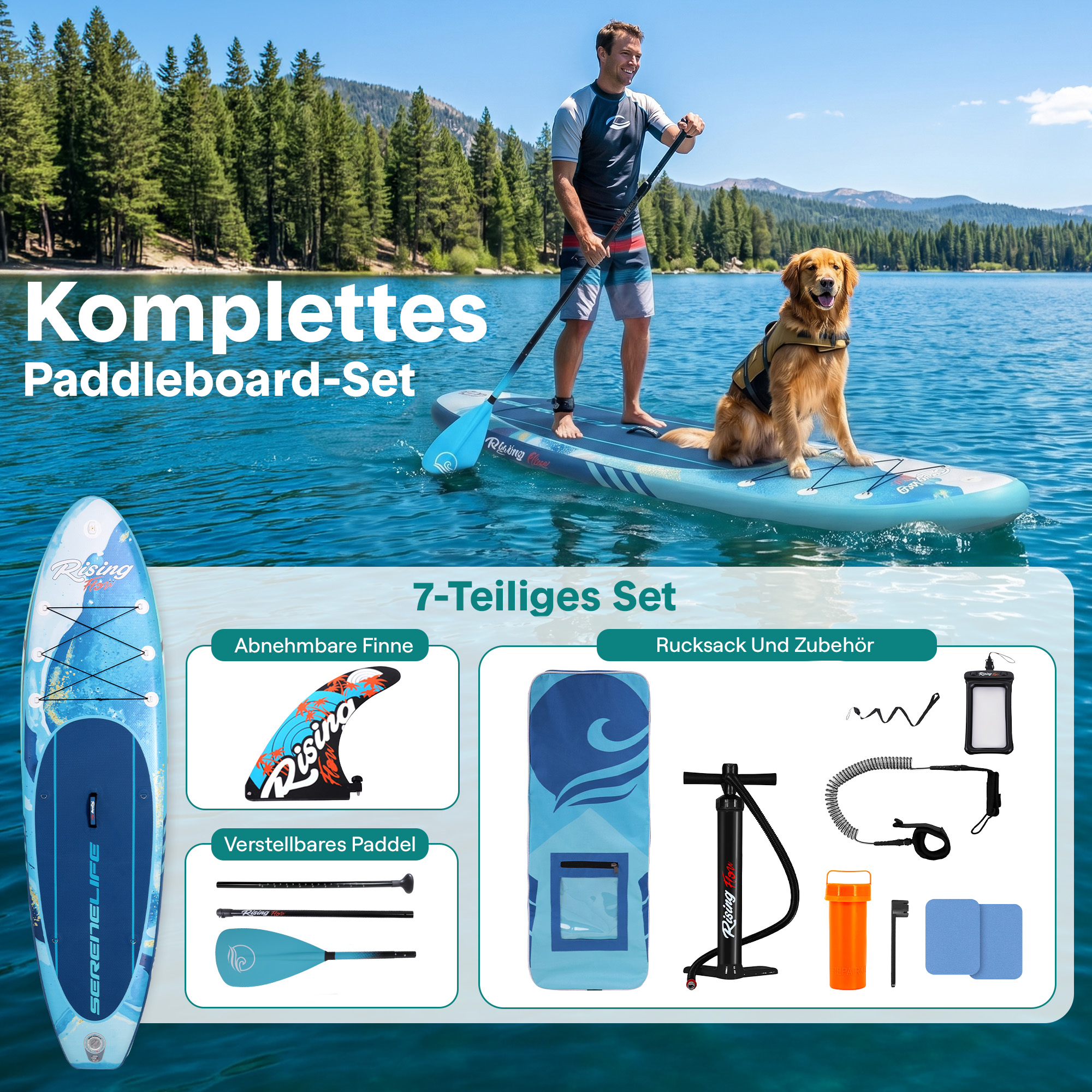 Mann und Hund auf Paddleboard auf See, Zubehörteile daneben.