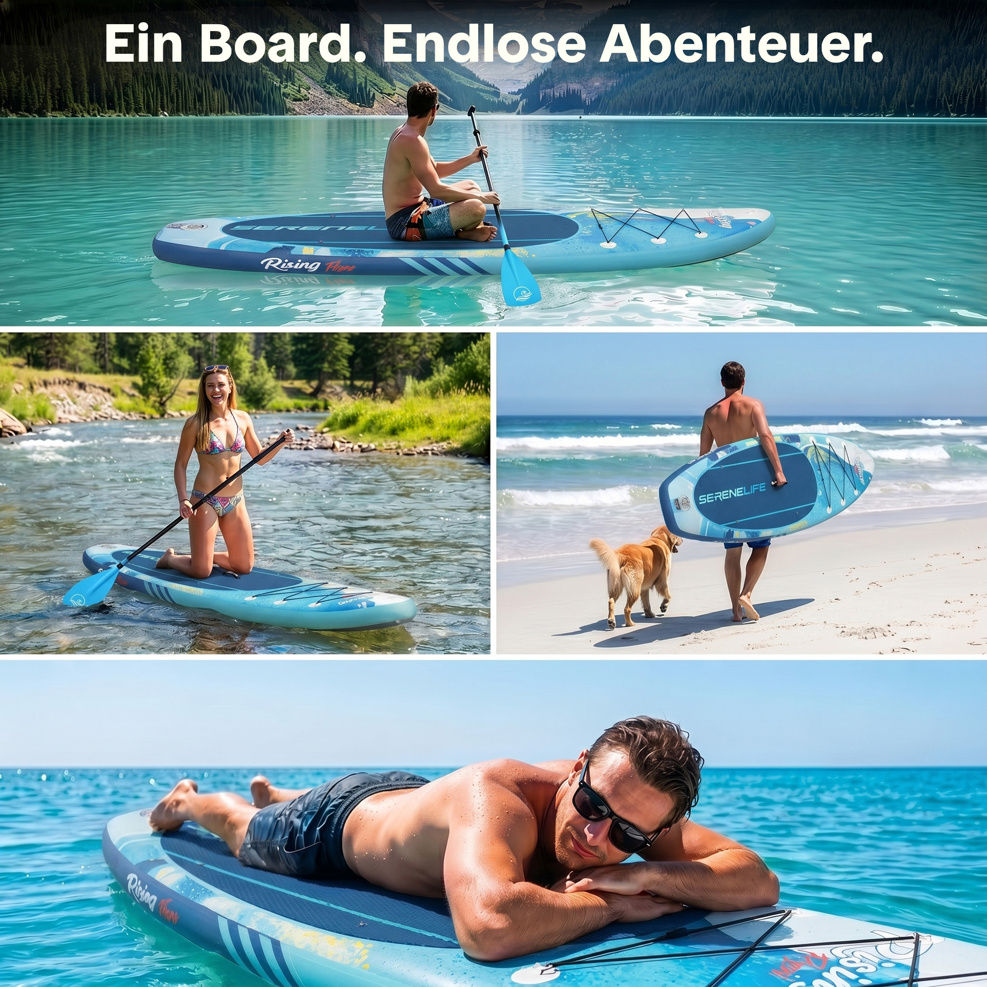 Collage zeigt Menschen und Hund auf Stand-Up-Boards in verschiedenen Gewässern.