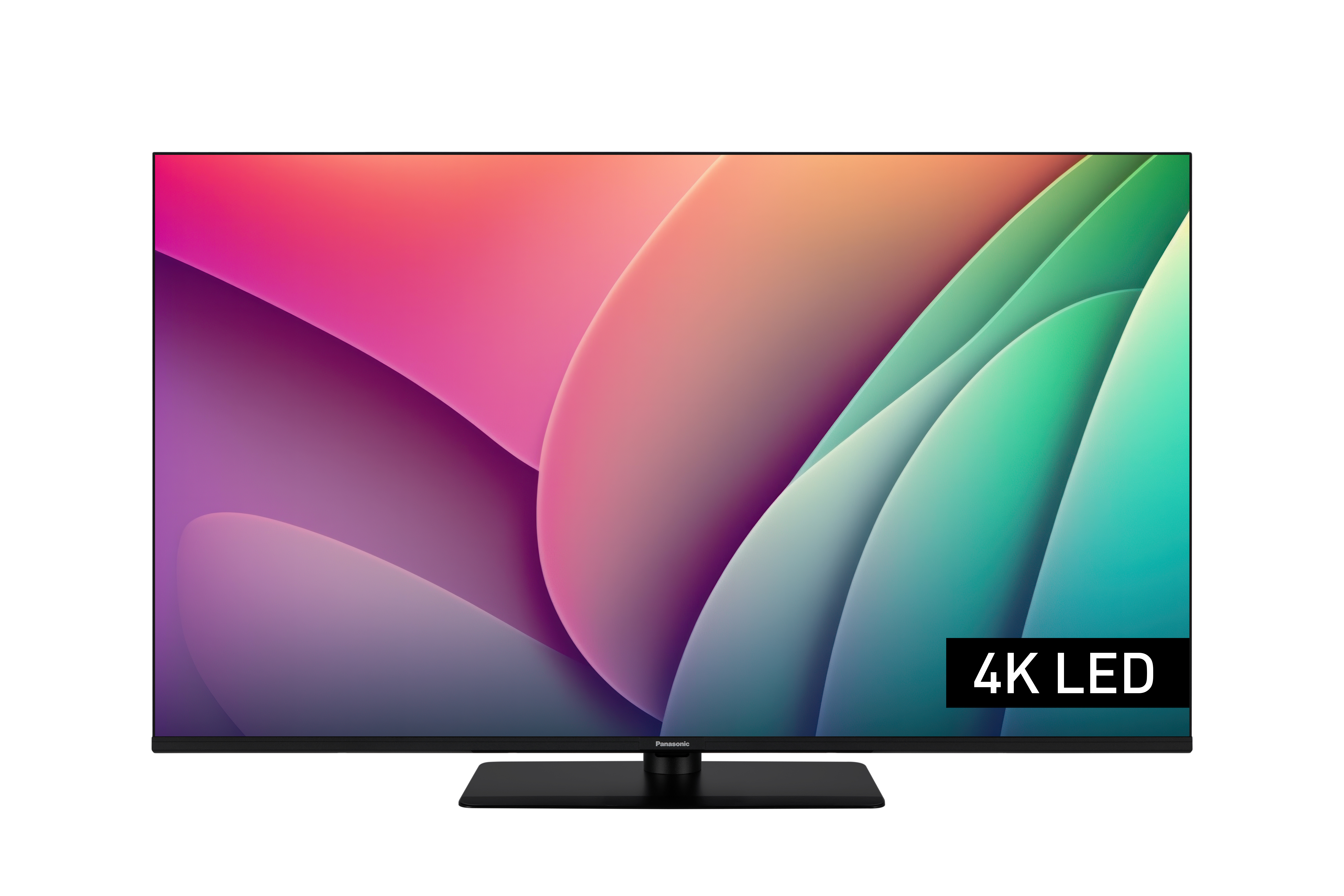 Ein schwarzer Panasonic 4K LED Fernseher mit abstraktem farbigem Hintergrund.