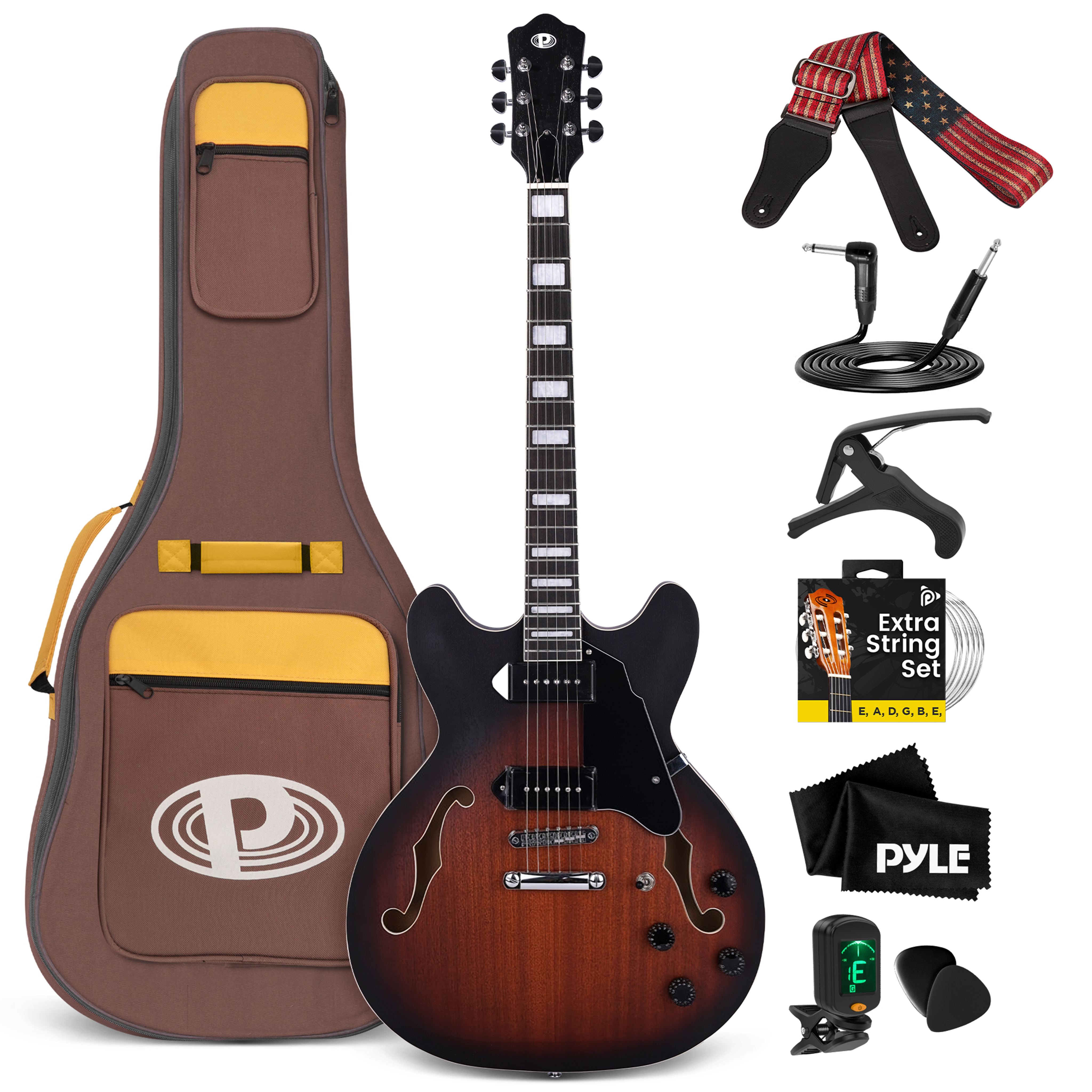 Ein brauner Gitarrenkoffer mit Zubehör: Gitarre, Kabel, Kapodaster, Saiten, Tuch, Stimmgerät.
