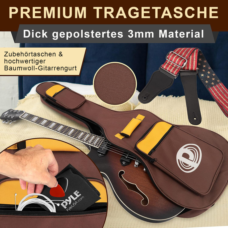 Eine braune Gitarrentasche mit einer Gitarre, Tragegurt und Zubehör.