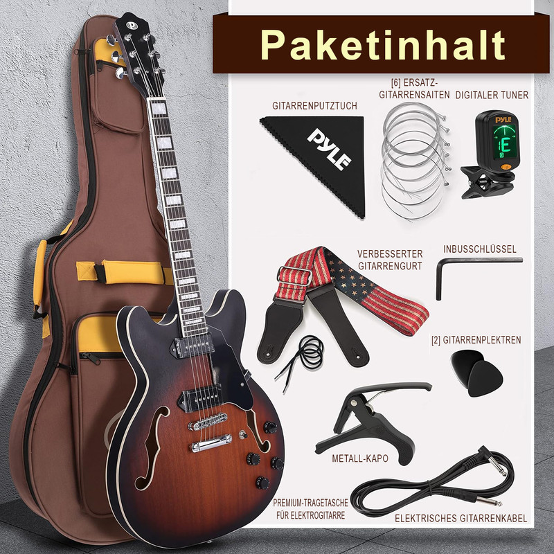 Ein E-Gitarren-Set mit Gitarre, Tasche, Saiten, Plektren, Kapo, Gurt und Kabel.