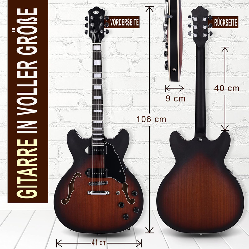Gitarrenvorder- und Rückansicht mit Maßen: 106 cm Länge, 41 cm Breite.