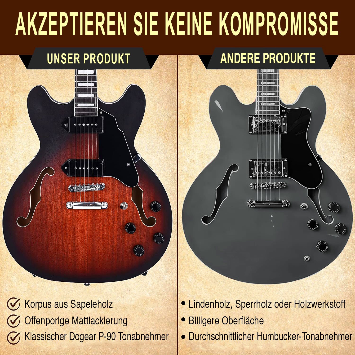 Zwei Gitarren im Vergleich: Unser Produkt vs. Andere Produkte.