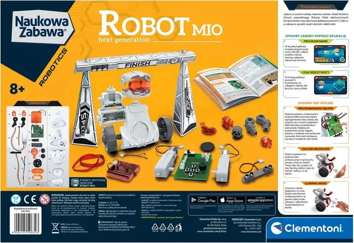 Zabawka konstrukcyjna Clementoni Robot MIO Next Generation z częściami i instrukcją.
