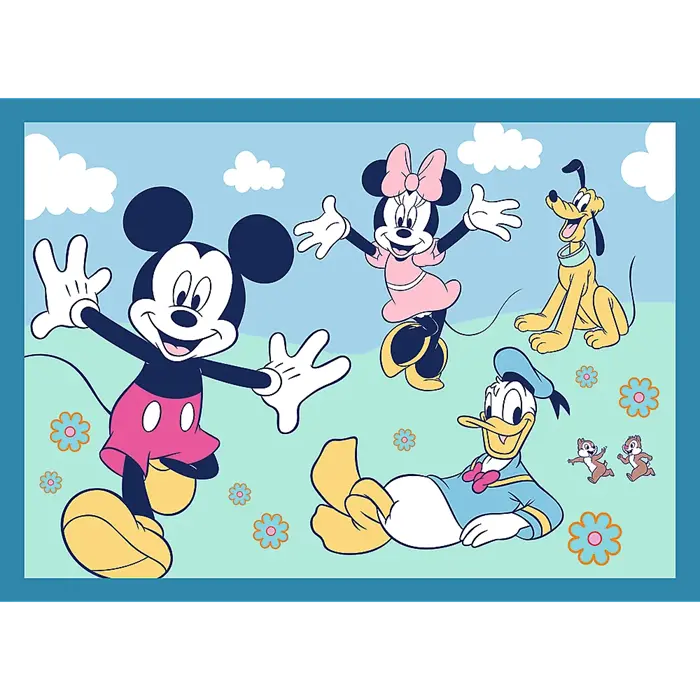 Myszka Miki, Minnie, Donald, Pluto i Chip 'n' Dale na łące z kwiatami i chmurami.