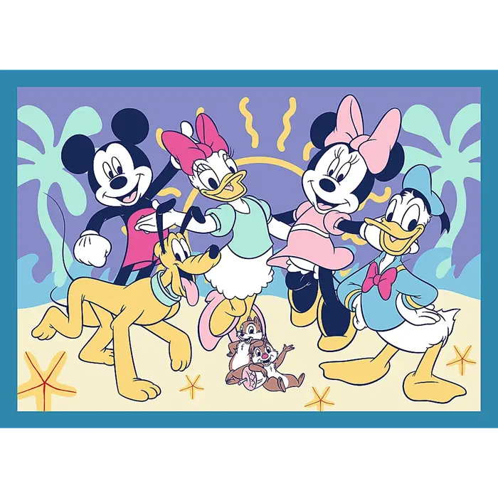 Postacie Disneya: Myszka Miki, Myszka Minnie, Kaczor Donald, Daisy, Pluto i Chip i Dale na plaży.