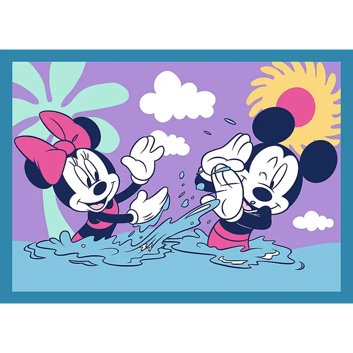 Minnie i Myszka Miki chlapią się w wodzie z palmami i słońcem.