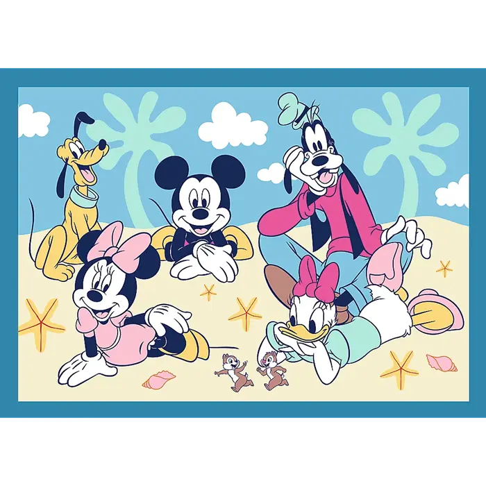 Postacie Disneya na plaży: Myszka Miki, Minnie, Goofy, Pluto, Daisy, Chip i Dale.