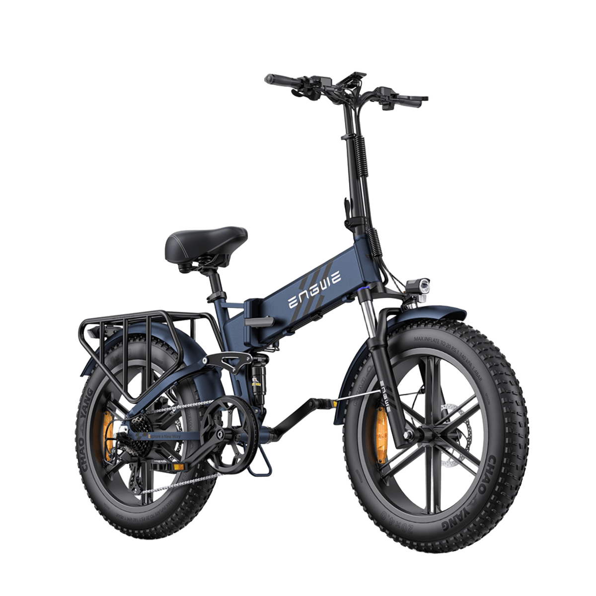 Ein dunkelblaues faltbares Elektrofahrrad mit dicken Reifen und Gepäckträger.
