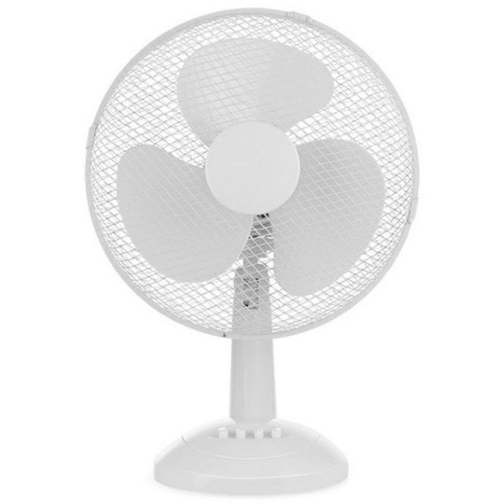 Un ventilatore da tavolo bianco con tre pale e griglia protettiva.