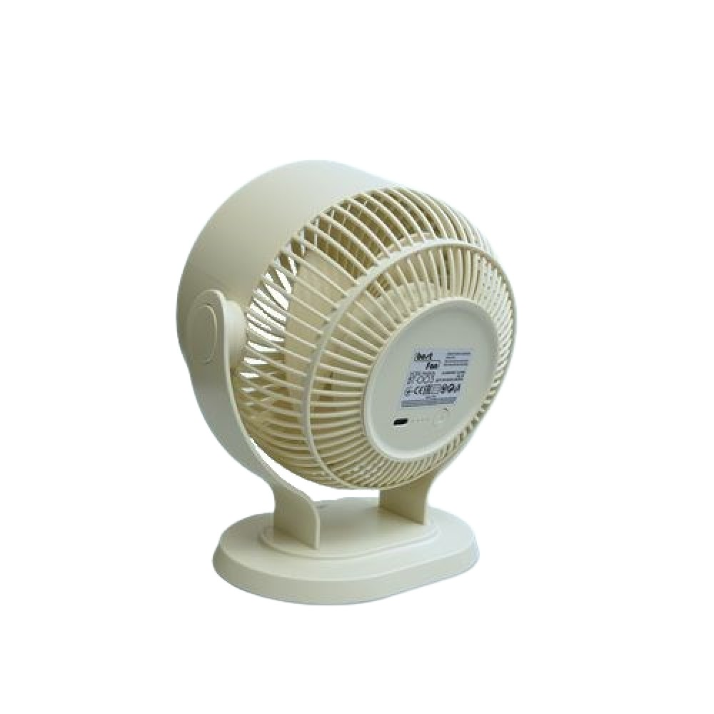 Un ventilatore da tavolo color crema visto da dietro, che mostra la griglia e la base.