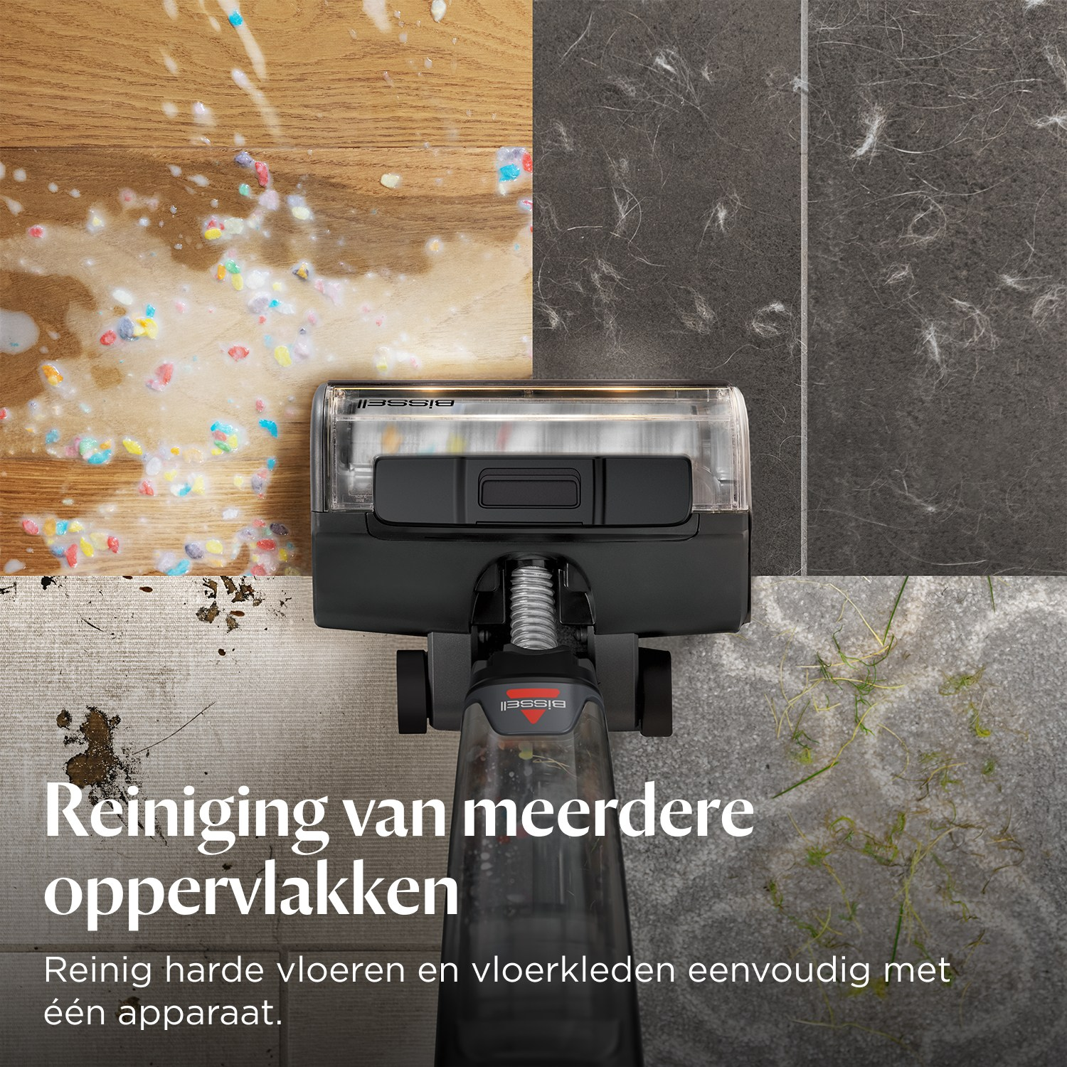 Een Bissell reiniger op hout, tegels en tapijt. Gemorste vloeistoffen en dierenharen worden getoond.