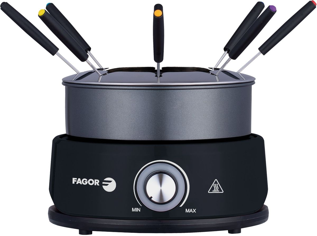 Un set da fonduta Fagor nero con sei forchette dai manici colorati.