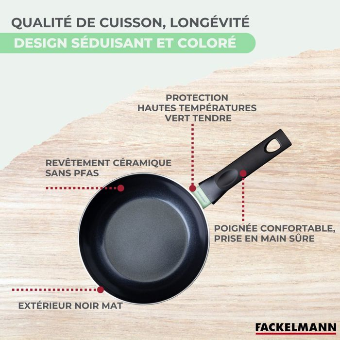 Una padella nera con manico, appoggiata su una superficie di legno.