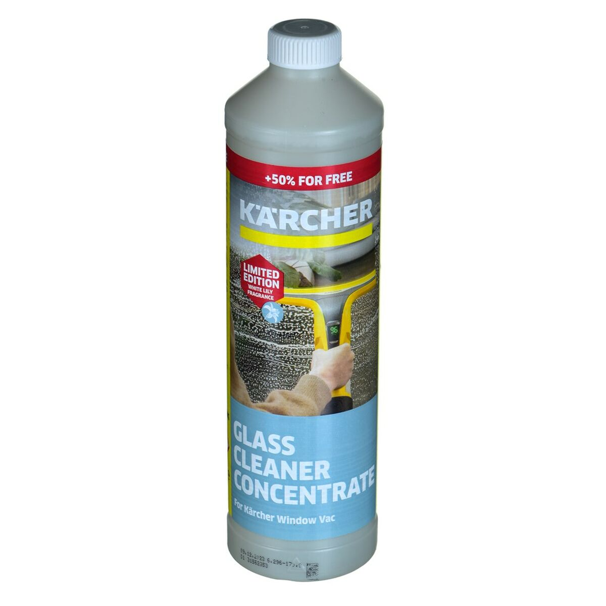 Botella gris de limpiacristales Kärcher con banda roja, '+50% gratis'.