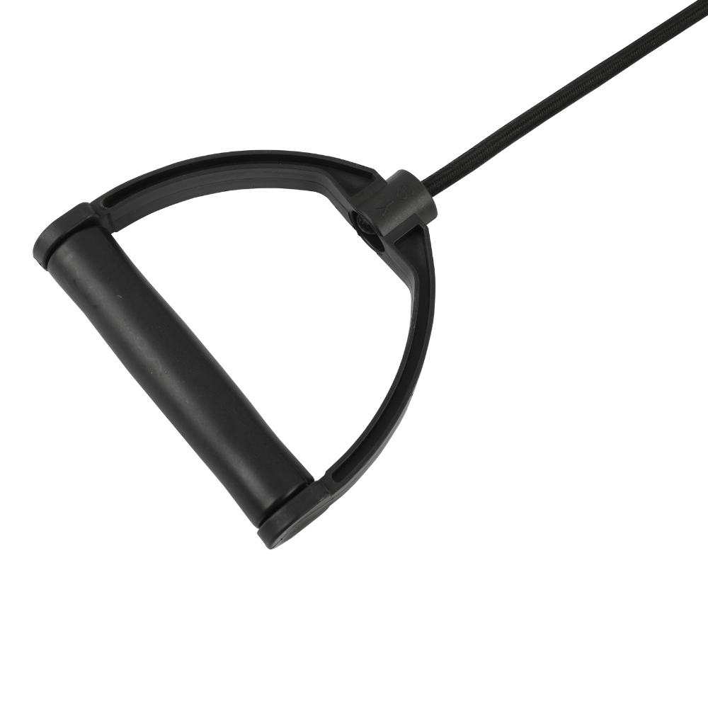 Mango negra en forma de D con cordón negro sobre fondo blanco.