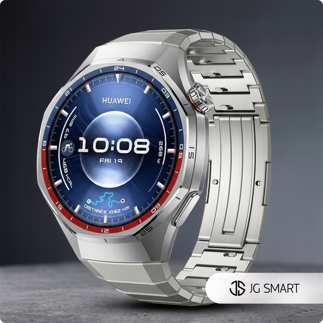 Srebrny smartwatch Huawei z niebieską tarczą pokazuje 10:08, pt 19, dystans 10,62 km.