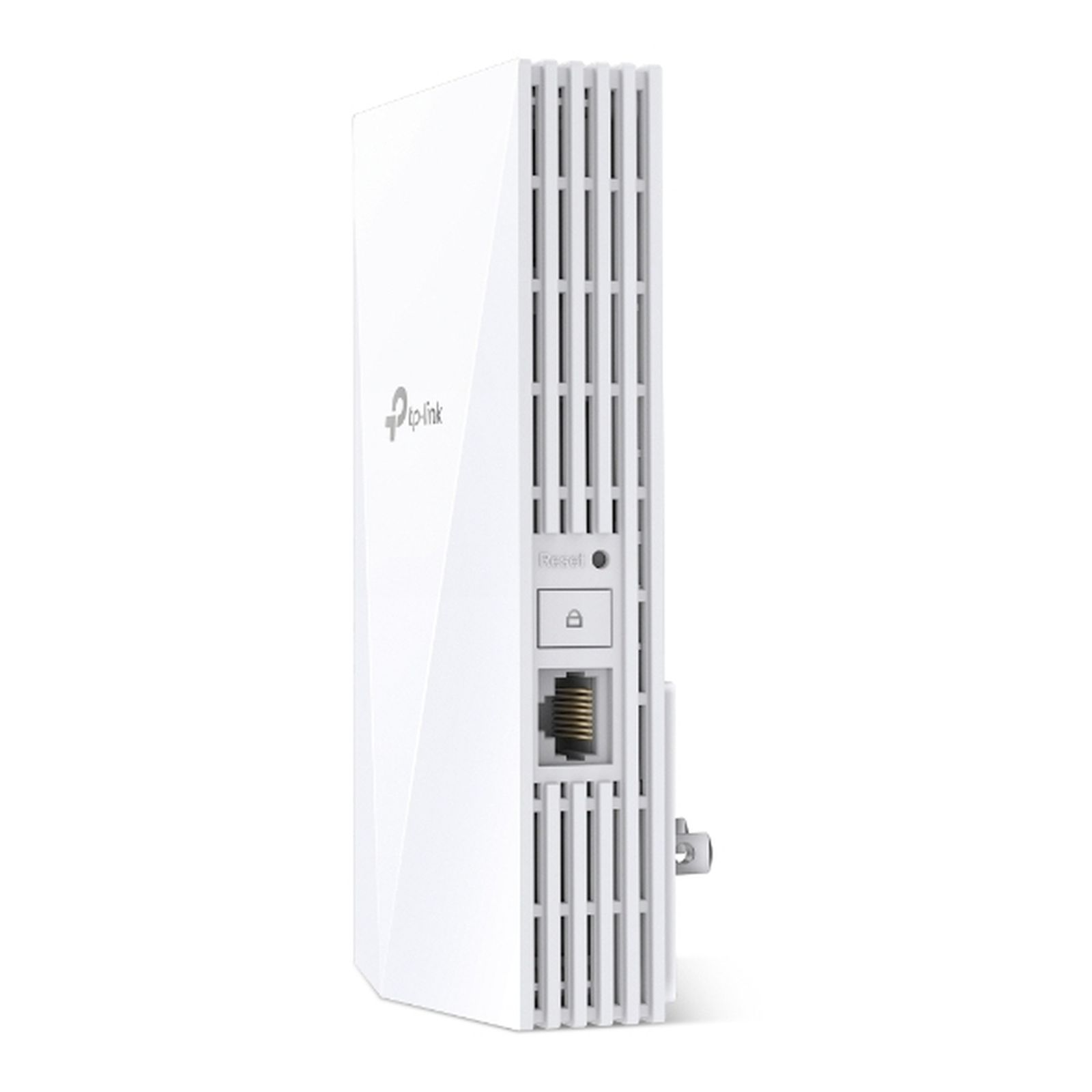 Ein weißer TP-Link WLAN-Repeater mit Reset-Taste, Schloss-Symbol und Ethernet-Anschluss.