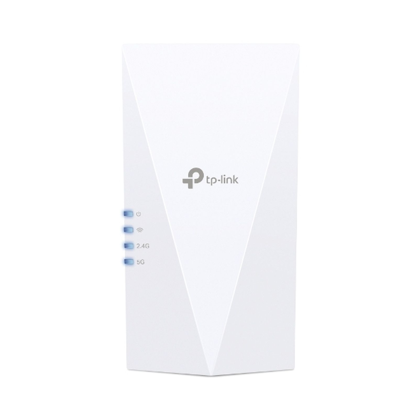 Ein weißer TP-Link WLAN-Repeater mit blauen Status-LEDs.