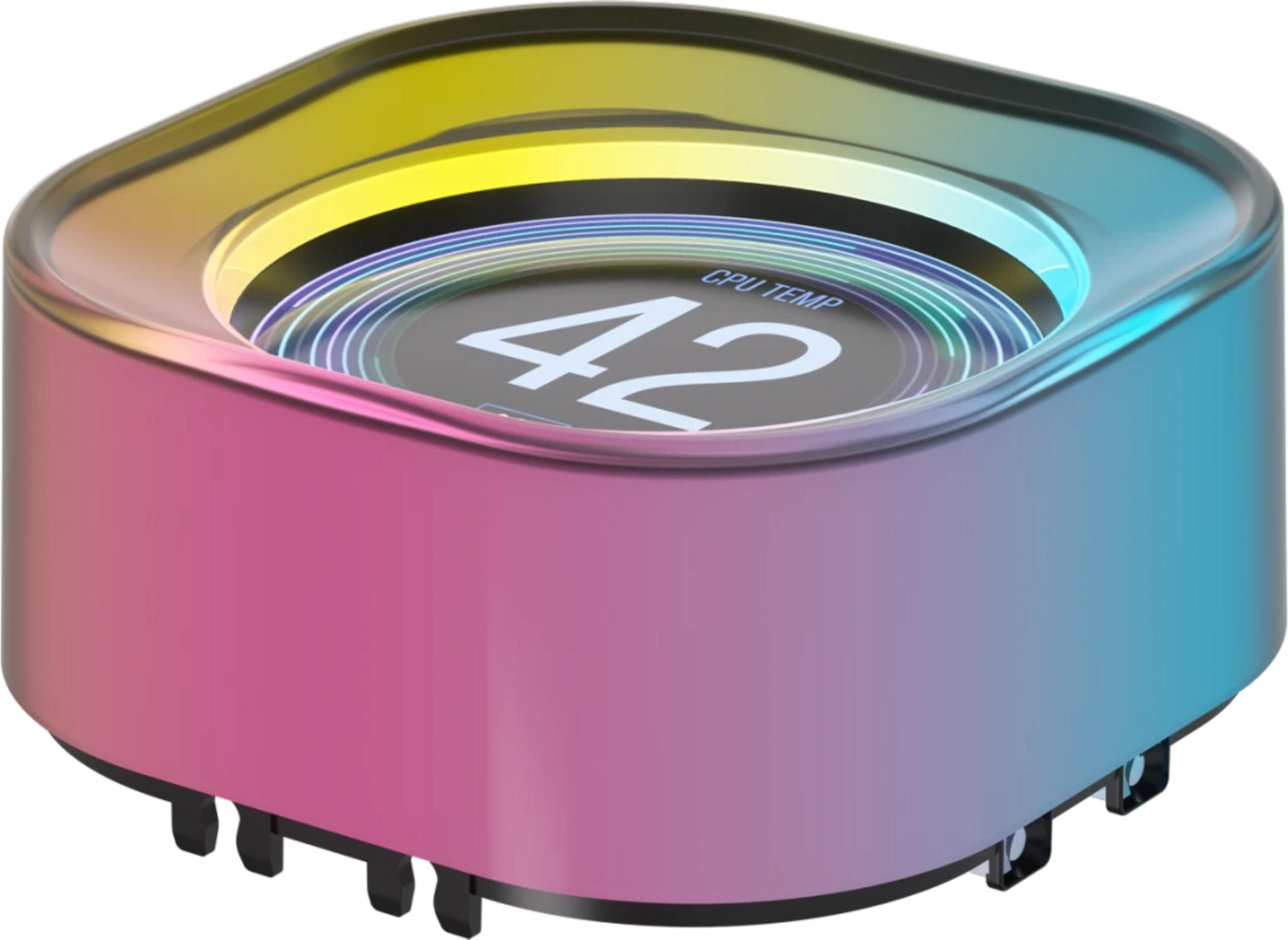 Ein CPU-Kühler-Display zeigt 42 an, mit Farbverlauf von Pink zu Gelb.