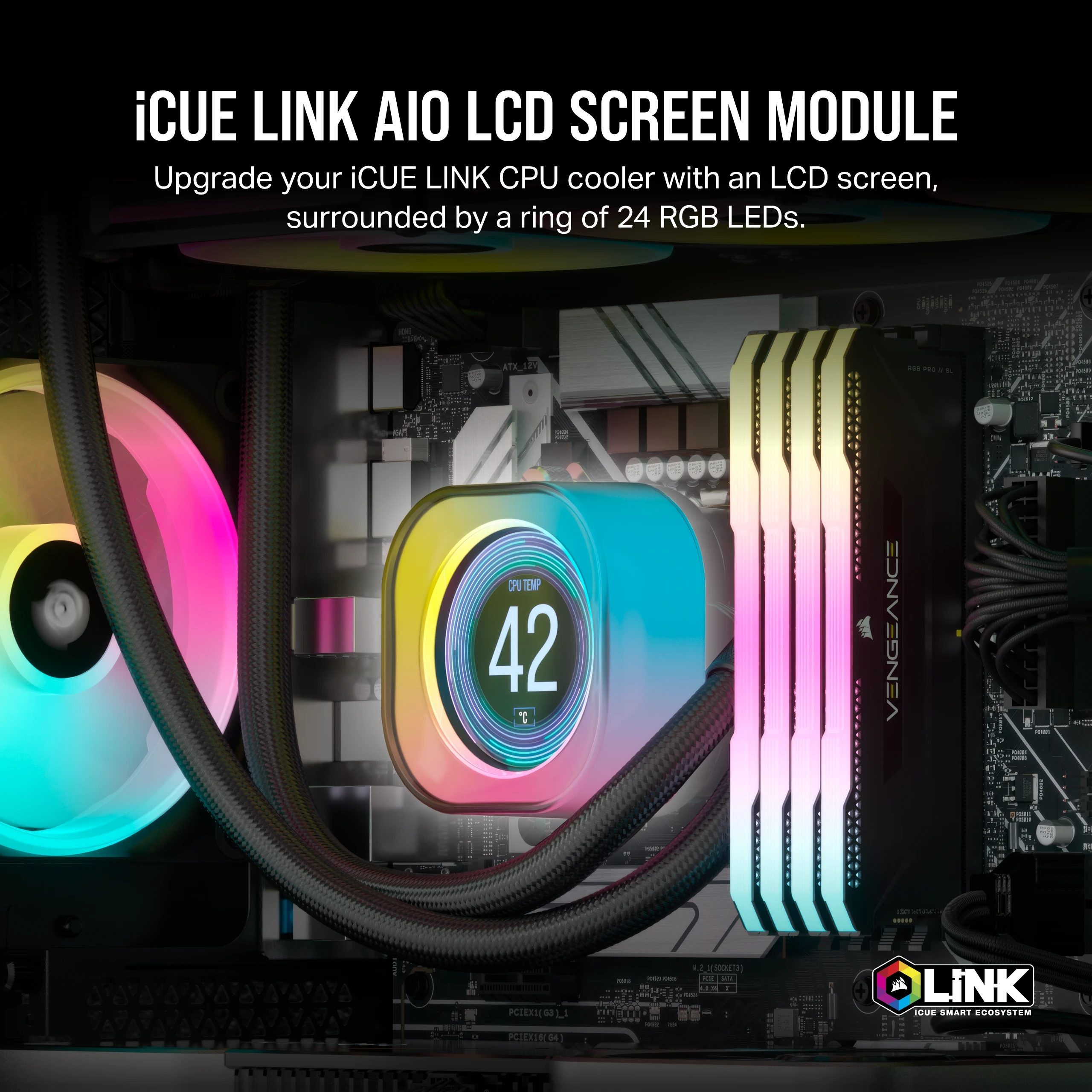 Ein PC-Kühler mit LCD-Bildschirm, der 42°C anzeigt, umgeben von RGB-Lüftern und RAM-Riegeln.