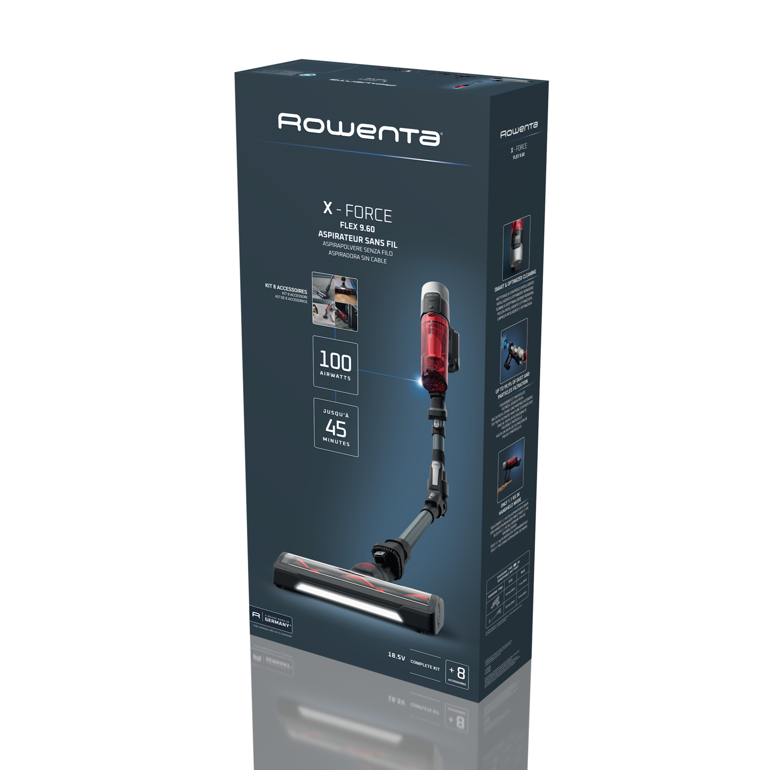 Scatola aspirapolvere Rowenta X-Force Flex 9.60 con accessori e specifiche.