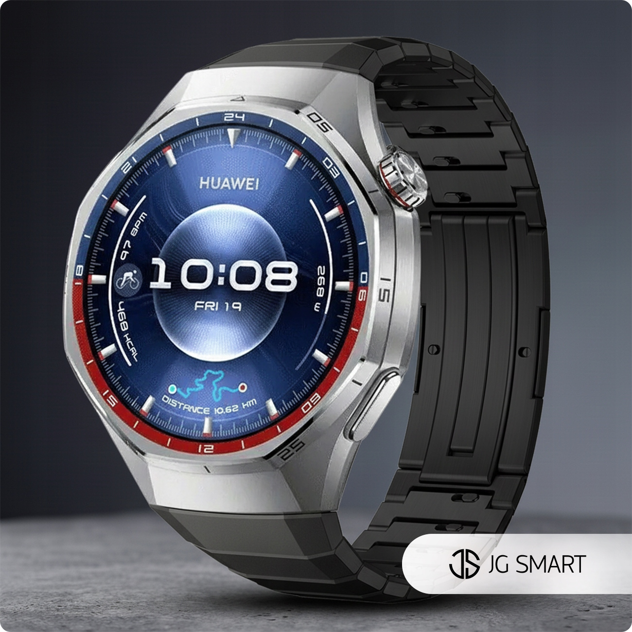 Srebrny smartwatch Huawei z czarną metalową bransoletą pokazuje 10:08.