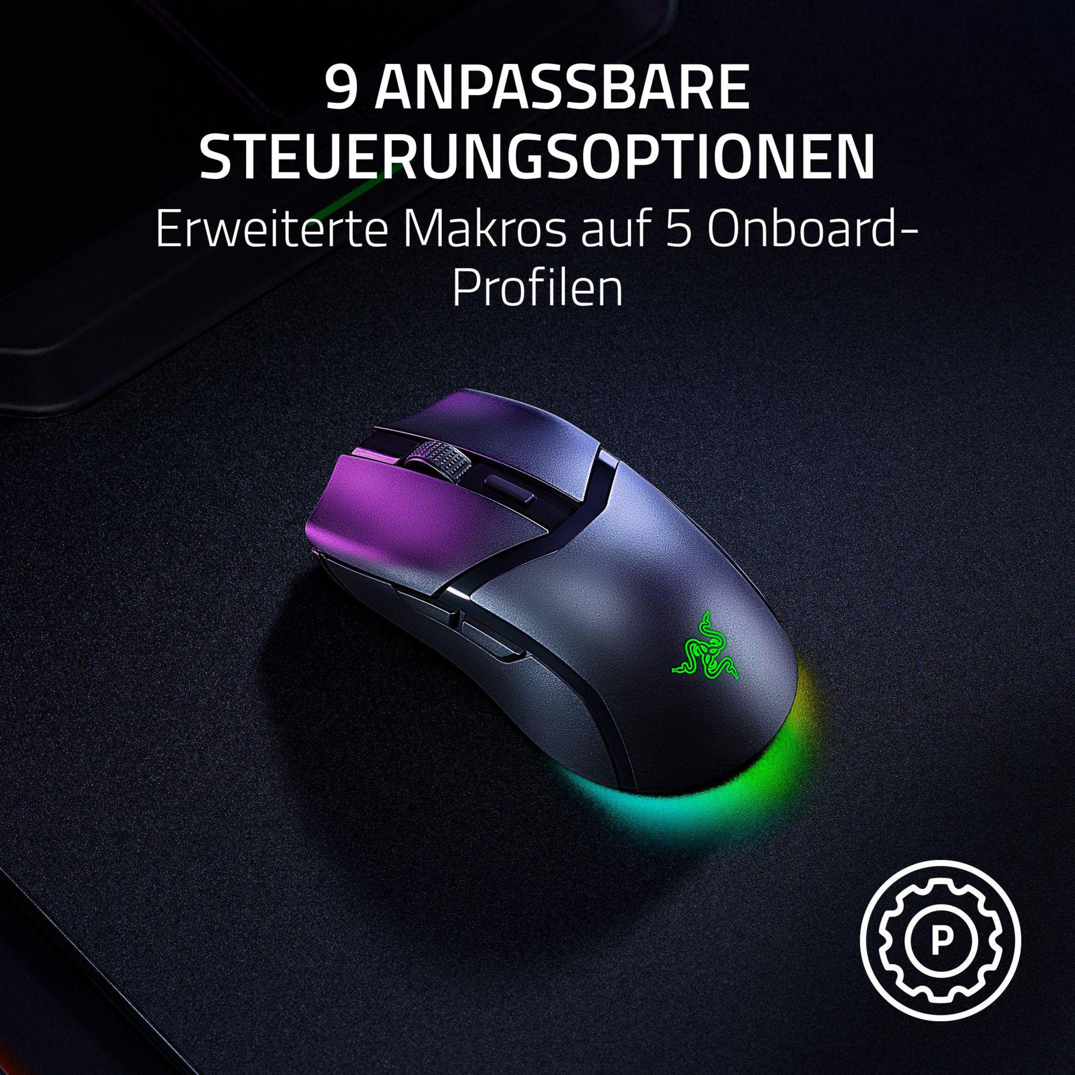 Czarna mysz gamingowa Razer z fioletowo-zielonym podświetleniem na czarnej macie.