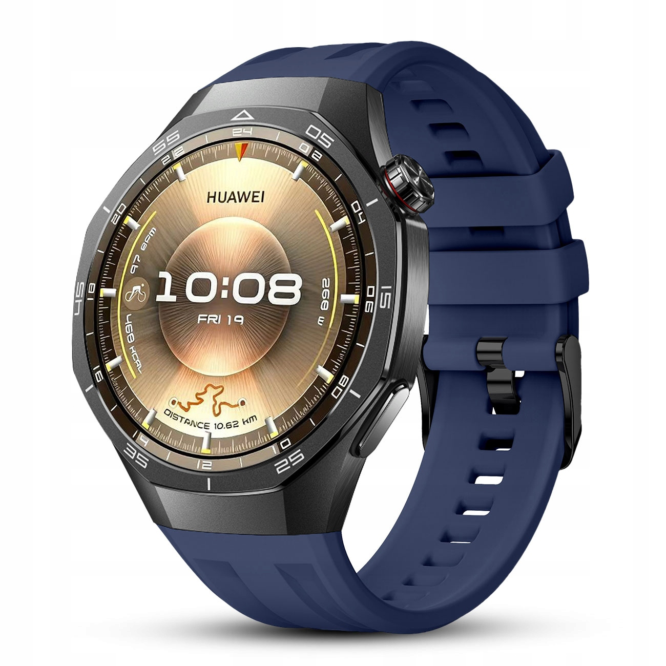 Ciemnoniebieski smartwatch ze srebrną kopertą i okrągłym wyświetlaczem pokazującym 10:08.