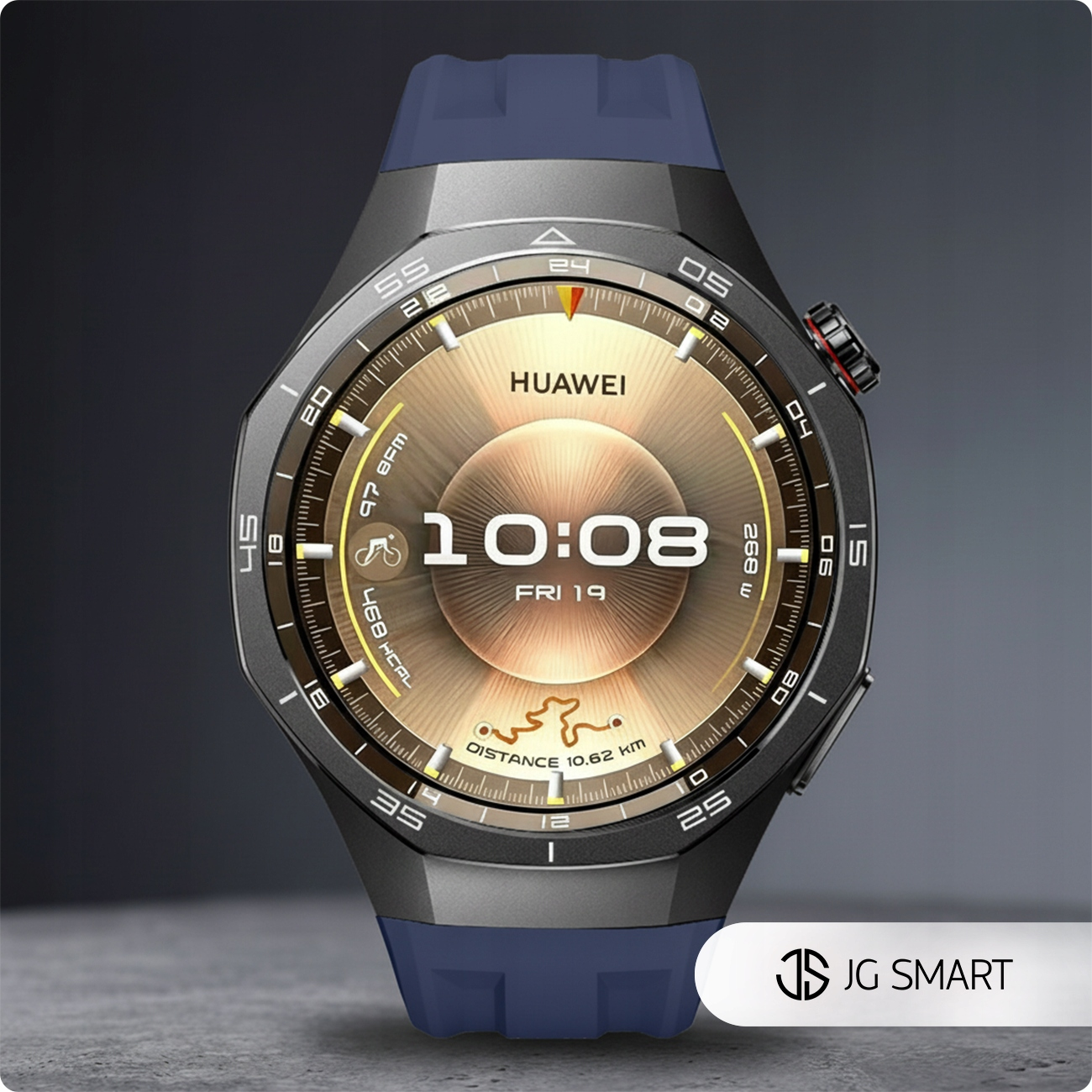 Szary smartwatch Huawei z niebieskim paskiem, złotą ramką i cyfrowym wyświetlaczem.