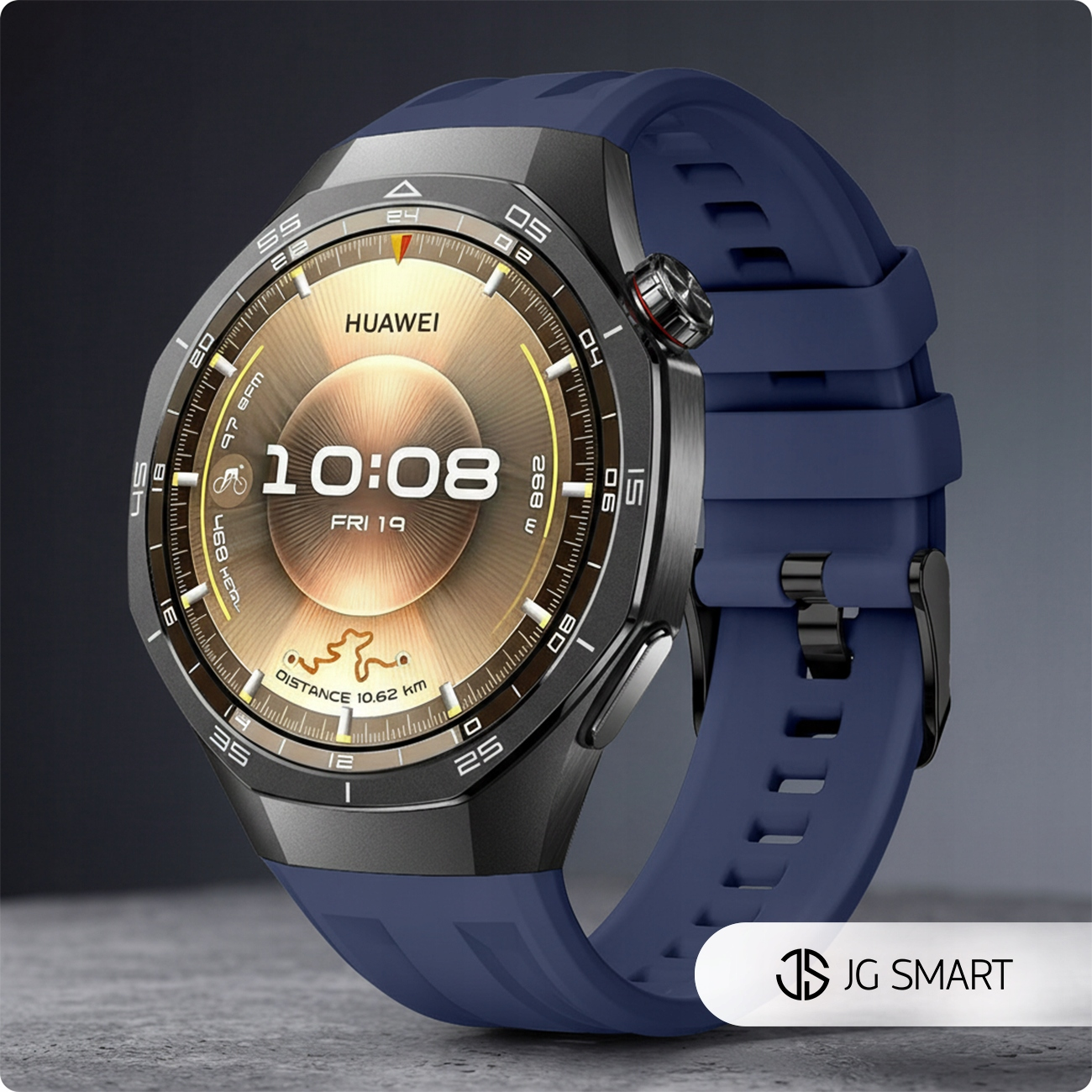 Granatowy smartwatch ze srebrną obudową i złotą tarczą.