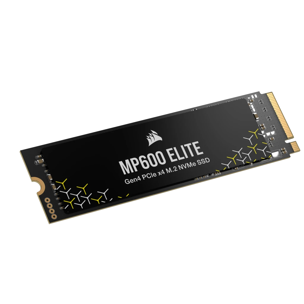 Schwarze M.2 NVMe SSD mit MP600 ELITE Beschriftung und gelben Mustern.