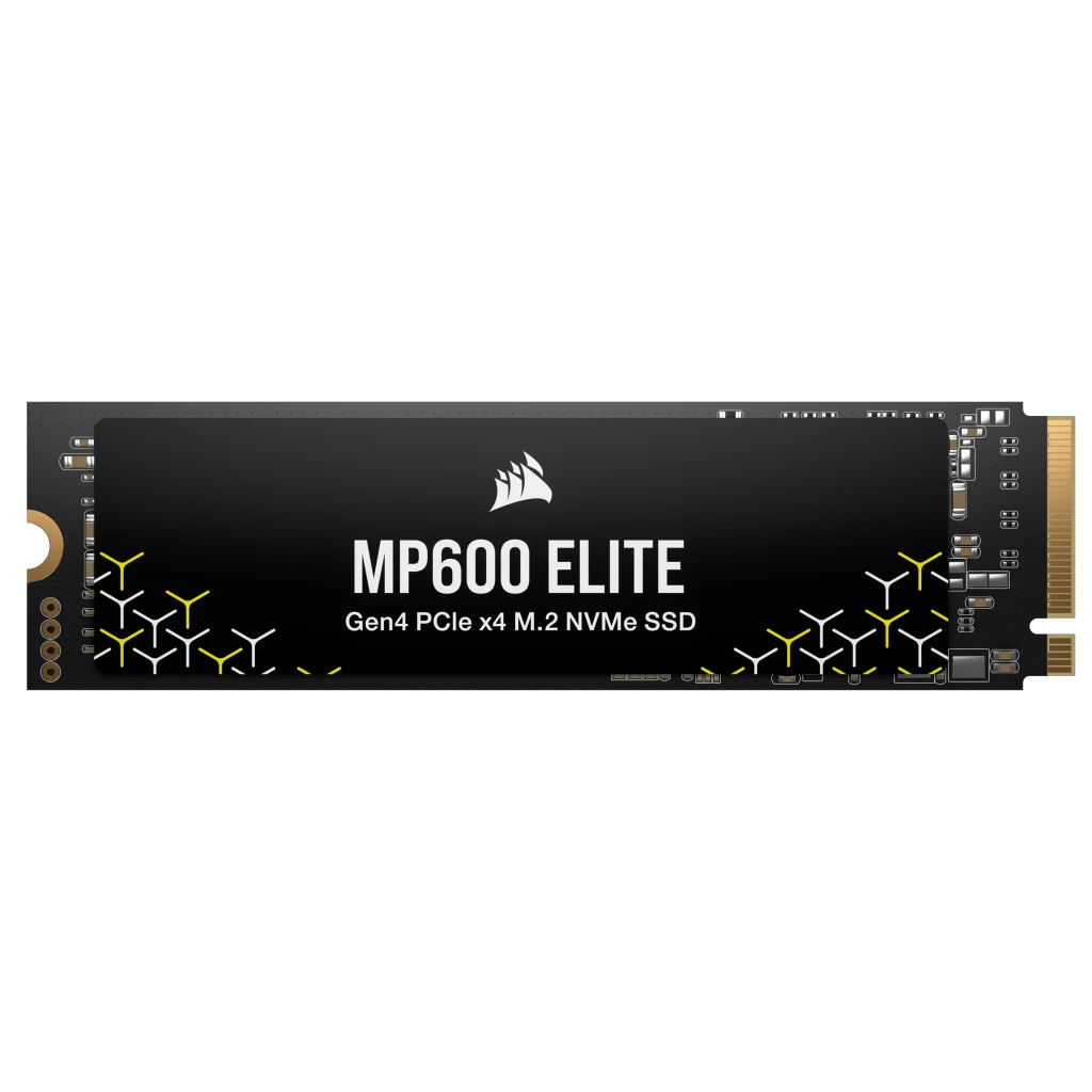 Corsair MP600 ELITE NVMe SSD mit Goldkontakten und schwarzem Gehäuse.