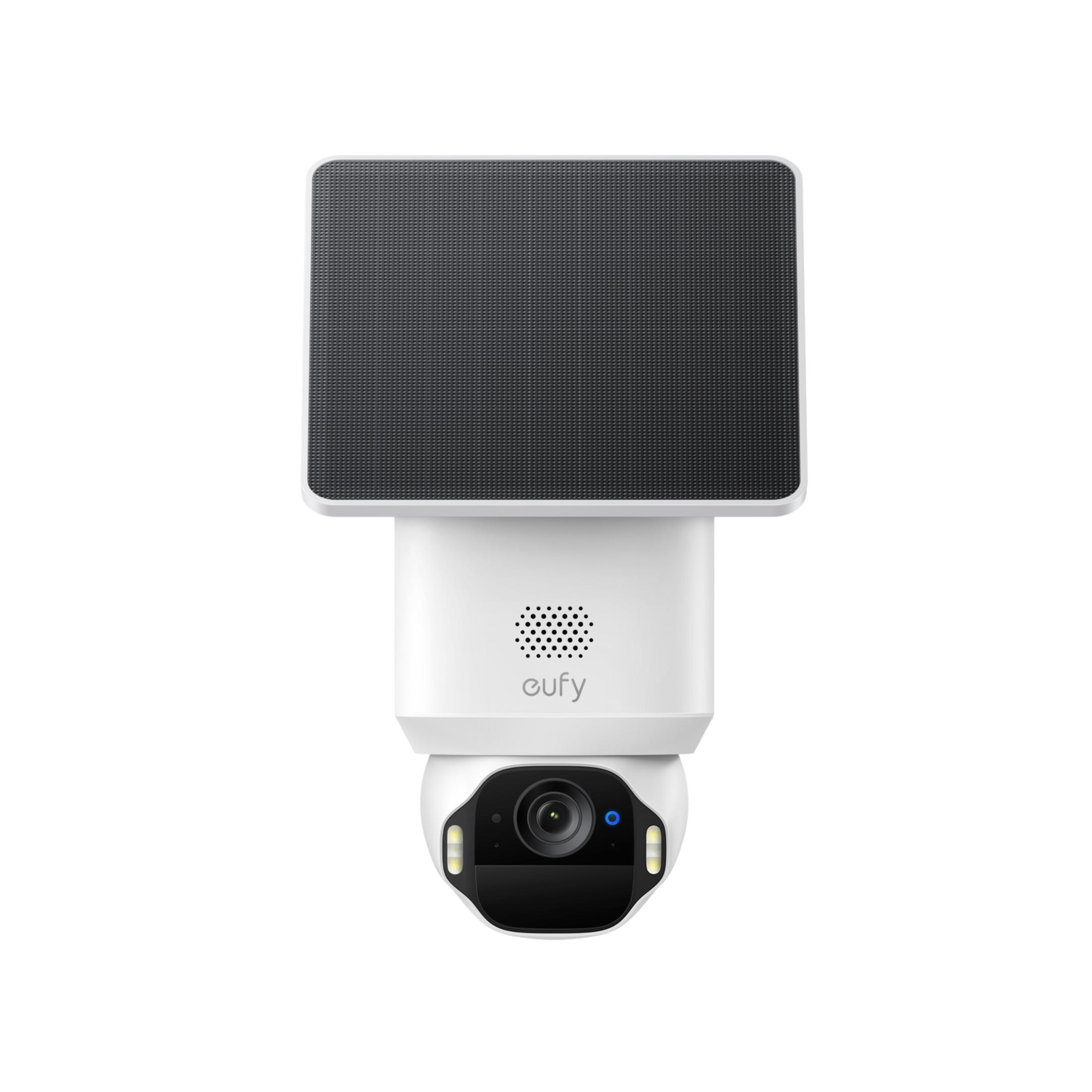 Telecamera di sicurezza bianca con pannello solare in alto, logo Eufy e lente.