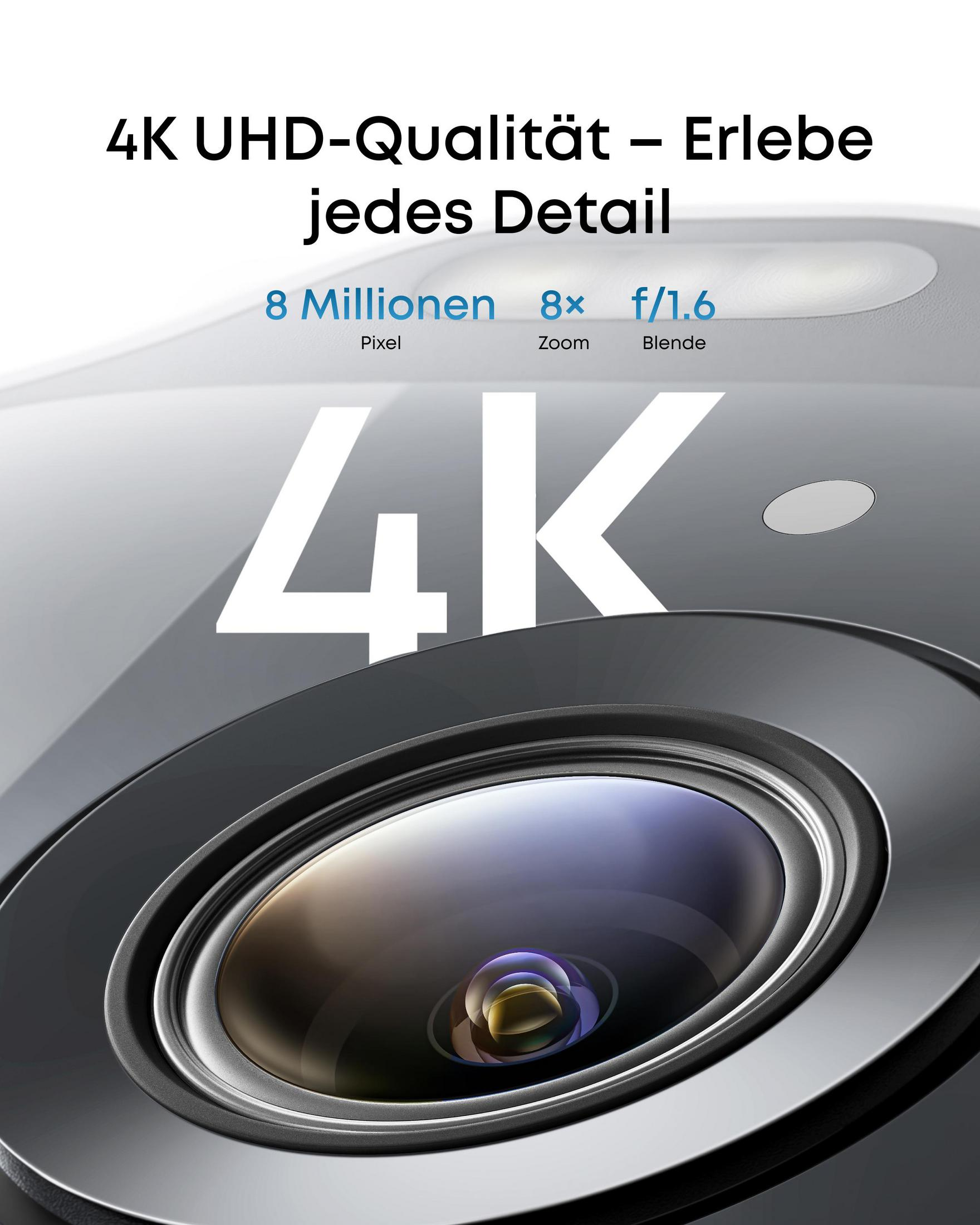 Primo piano di un obiettivo di una fotocamera con "4K" e specifiche.