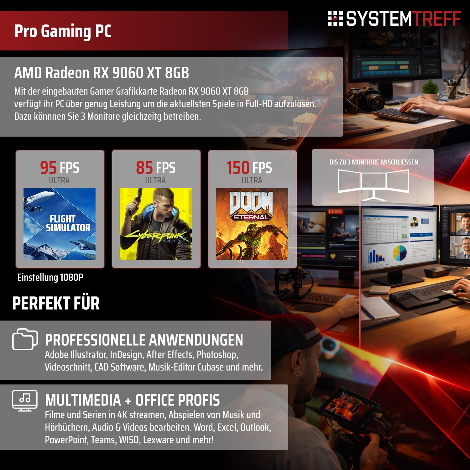 Gaming PC mit AMD Radeon RX 9060 XT 8GB. Zeigt Spiele-Performance & Anwendungen.